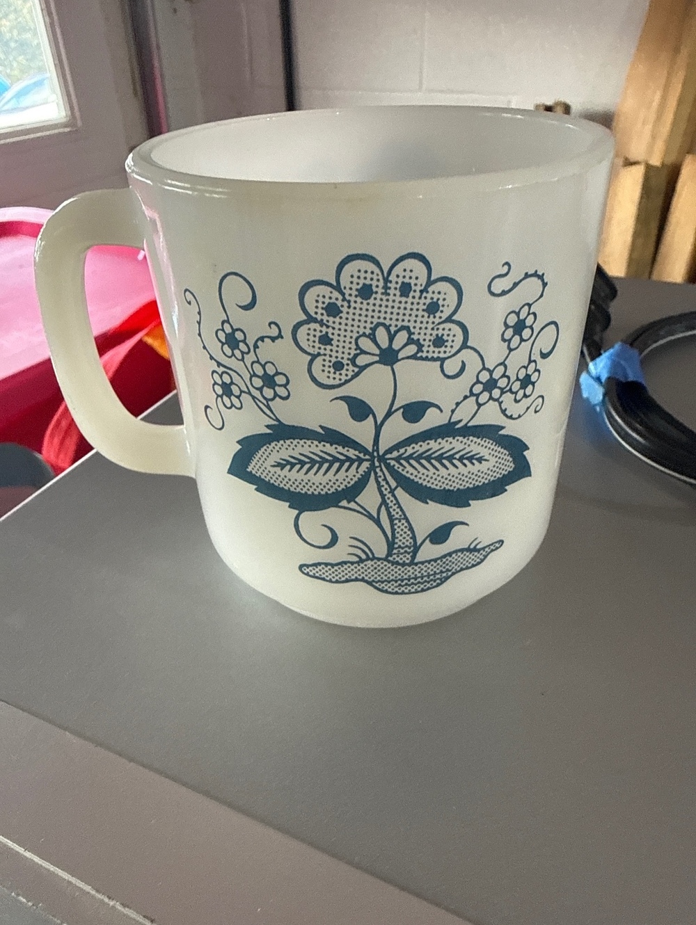Glasbake Vintage Milk Glass Mug with Blue Floral Design